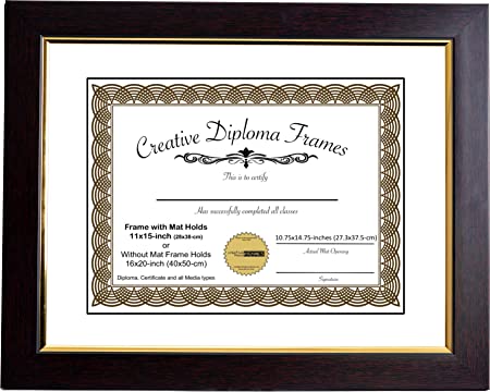Creative Picture Frames 11x15 Eco Mahogany Diploma Frame with Gold Lip White Mat Glass and Installed Wall Hangers | Frame Holds 16x20 Media Without Mat