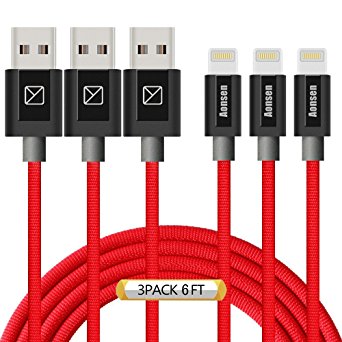 Aonsen Lightning Cable 3Pack 6FT Nylon Braided Certified iPhone Cable USB Cord Charging Charger for Apple iPhone 7, 7 Plus, 6, 6s, 6 , 5, 5c, 5s, SE, iPad, iPod Nano, iPod Touch (Red)
