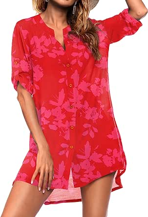 Ekouaer Women's Cover Up Shirt V-Neck Swimsuit Beach Bikini Beachwear Button Down Bathing Suit