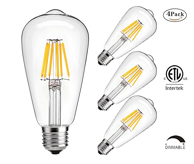 LED Edison Bulb,6w Dimmable Led Light Bulb, 60 Watt Incandescent Equivalent, 6W Vintage LED Filament Light Bulb, st64 led bulb,2700K Soft White ,e26 /e27 led bulb, Clear Glass Cover , 4 Pack