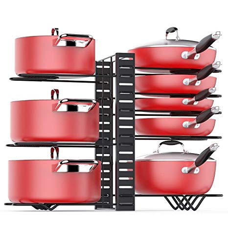 Pan Organizer Rack for Cabinet Adjustable, Cabinet Pot Rack Organizer with 3 DIY Methods, 8 Metal Shelves with Anti-slip Layer