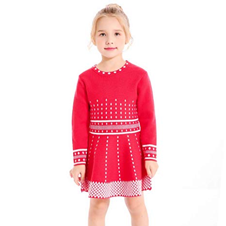 SMILING PINKER Girls Knit Sweater Dress Argyle Crewneck Long Sleeve Winter Party Dress