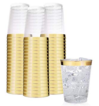 Elegant Gold Rimmed 10 Oz Clear Plastic Tumblers Fancy Disposable Cups with Gold Rim Perfect for Holiday Party Wedding and Everyday Occasions (100 Pack)