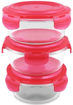 Glass Food Storage Container Set - Round - 620 ml - Red - BPA Free - FDA Approved - Reusable - Multipurpose Use for Home Kitchen or Restaurant - (3 Piece) - By Utopia Kitchen