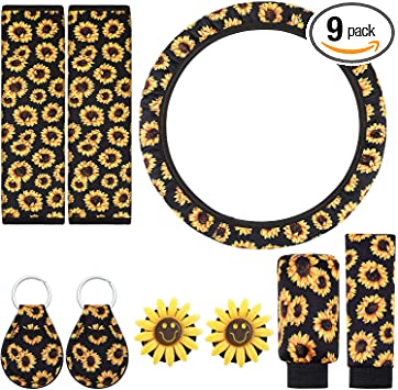 9 Pieces Sunflower Car Accessories Set, Includes Sunflower Steering Wheel Cover, Gear Shift Cover, Handbrake Cover, 2 Pieces Seat Belt Covers, 2 Pieces Sunflower Car Vent Clips, 2 Pieces Key Rings