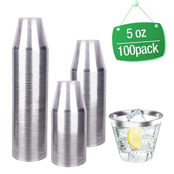 5oz 100 Count Clear Disposable Plastic Cups/Old Fashioned Tumblers/Silver Rimmed Fancy Cups Perfect For Wedding And Party