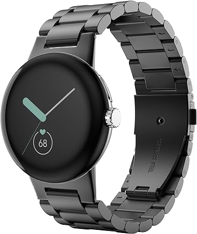 MoKo Metal Band Compatible with Google Pixel Watch/Pixel Watch 2 Smartwatch, Stainless Steel Replacement Watch Straps Wristband with Link Remover Tool for Women Men, Black