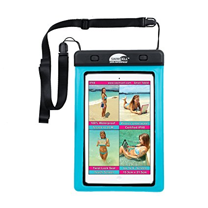 #1 SwimCell 100% Waterproof Case For iPad mini, Small Tablet, Kindle, Camera, Documents, Money, Sunglasses and Other Dry Valuables. High Quality Pouch, Certified IPX8. Tested 20m Underwater. Patented, Easy to Use Twist Lock Seal. Adjustable Neck Strap. Large or Small cover available plus 2 smaller sizes for phones. (Blue, Small Tablet 15.3cm x 21.5cm)