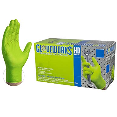 GLOVEWORKS HD Industrial Green Nitrile Gloves - 8 mil, Latex Free, Powder Free, Diamond Texture, Disposable, Heavy Duty, Medium, GWGN44100-BX, Box of 100