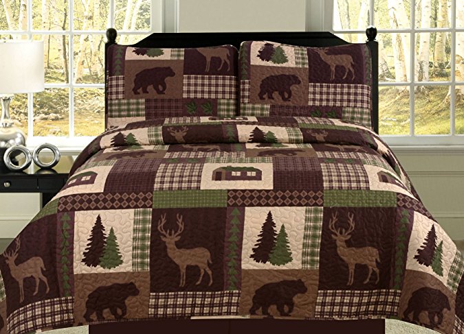 Full/Queen Quilt 3 Piece Set Rustic Cabin Lodge Deer and Bear Coverlet Bedspread