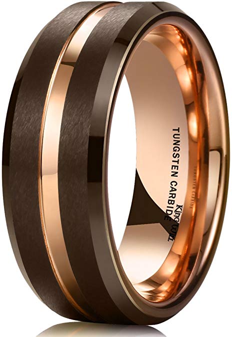 King Will Duo 8mm Brown Brushed Tungsten Carbide Wedding Band Ring Thin Rose Gold Groove Comfort Fit