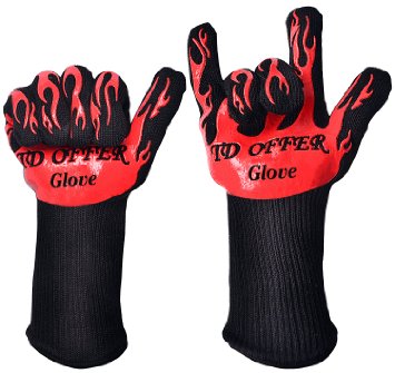 TD OFFER Best Grill Gloves,932°F Extreme Oven Mitts Heat Resistant EN407,Silicone Gloves for Cooking Barbecue BBQ Smoker Grilling and Kitchen(1 Pair Long)Black