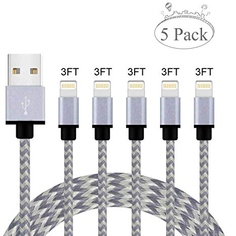 Loopilops iPhone Fast Charger, MFi Certified Lightning Cable 5 Pack [3 FT] Nylon Braided USB Charging & Syncing Cord Compatible with iPhone Xs/Max/XR/X/8/8Plus/7/7 Plus/6S/6S Plus/iPad and More