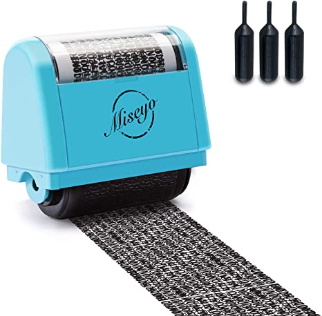Miseyo Wide Identity Theft Protection Roller Stamp Set - Blue (3 Refill Ink Included)