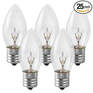 25 Pack 7 Watt C9 Clear Incandescent Light Bulb, Intermediate Base