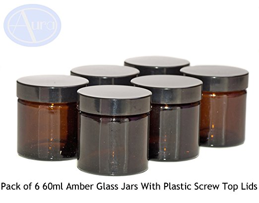 PACK of 6 - 60ml AMBER Glass Jars with BLACK Lids for Aromatherapy Blends / Creams