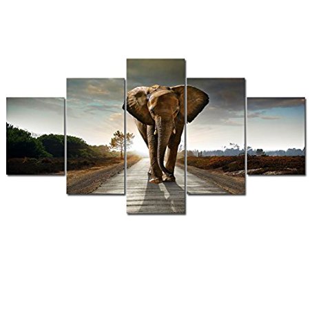 Wieco Art - Elephant Large Size 5 Panels Modern Giclee Canvas Prints Animals Landscape Artwork Pictures to Photo Paintings on Canvas Wall Art Décor for Living Room Bedroom Home Decorations