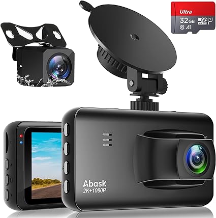 ABASK M18 4K Dash Cam Car Front Rear 2160P 1080P Dash Cam with Rear View Camera, Parking Monitoring, Motion Sensor, 320° Wide Angle 3 Inch Screen, G-Sensor, Loop Recording, Night Vision, Up to 256 GB
