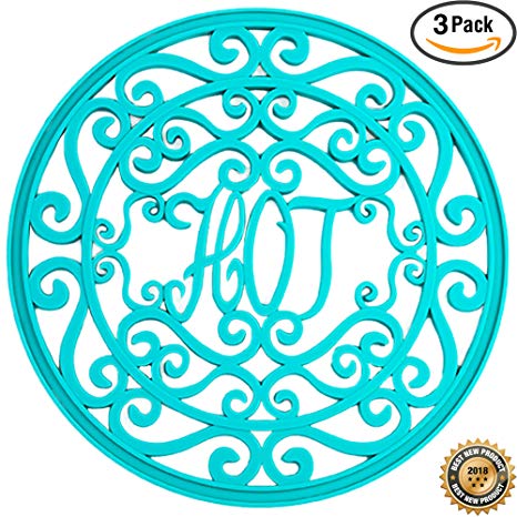 Silicone Trivets Set For Hot Dishes | Modern Kitchen Hot Pads For Pots & Pans | “Hot” Ironworks Design (Rustic Charm) Mimics A Cast Iron Trivet (7.5” Round, Set of 3, Teal)