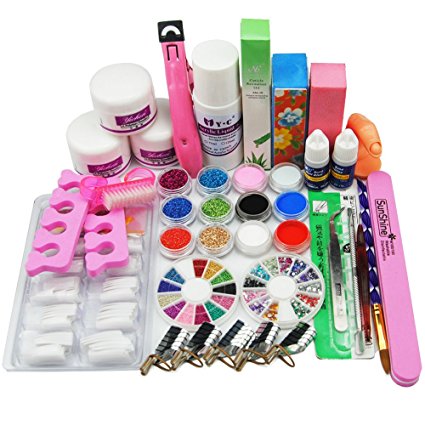 Birthday Gift!!! 24 in 1 Combo Set Professional DIY Nail Art Decorations Kit Brush Buffer Acrylic Glitter Powder Cuticle Revitalizer Oil Pen Tool Nail Tips Rhinestones Pearls Reusable Form Glue Acrylic Set #27 by RY