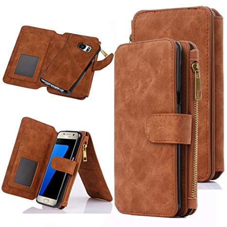 Galaxy S7 Case, S7 Case, CaseUp 12 Card Slot Series - [Zipper Cash Storage] Premium Flip PU Leather Wallet Case Cover With Detachable Magnetic Hard Case For Samsung Galaxy S7, Brown
