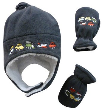NIce Caps Boys Sherpa Lined Micro Fleece Embroidered Hat and Mitten Set