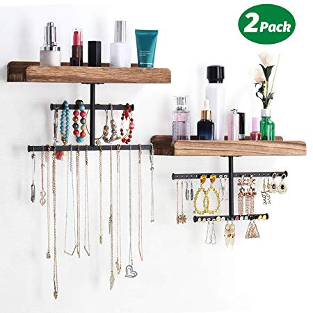 Keebofly Hanging Wall Mounted Jewelry Organizer with Rustic Wood Jewelry Holder Display for Necklaces Bracelet Earrings Ring Set of 2