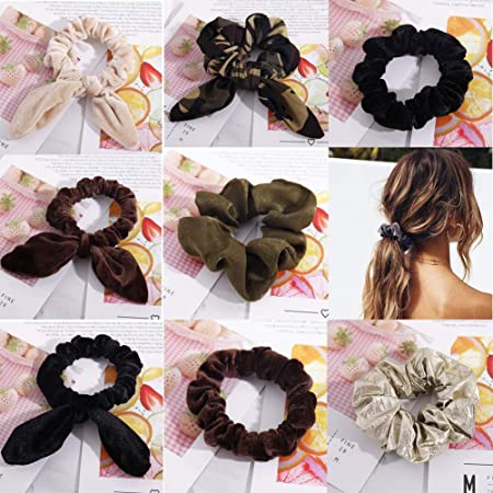 Scrunchies for Hair with Bow with 2 Small Thin Scrunchies Velvet Soft Mini Hair Ties for Women and Ladies Hair Accessories Multicolored Ponytail Holder 8pcs
