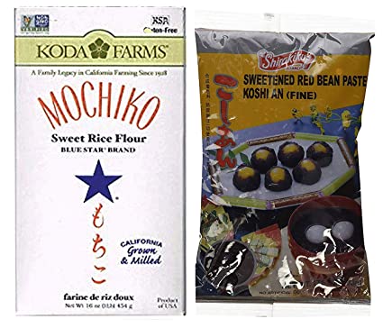 Sweet Rice Flour and Koshi An (Fine Sweetened Red Bean Paste) DIY Mochi (2 Item Bundle) 1 box of Mochiko Sweet Rice Flour 1 lb & 1 bag of Shirakiku Bean Paste 1.1 lbs