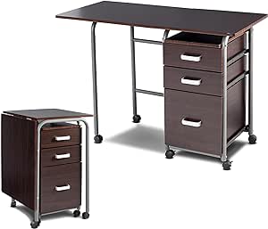 COSTWAY Klappbarer Computertisch mit 3 Schubladen und Rollen, Schreibtisch mit Metallrahmen, platzsparender Bürotisch, Klappschreibtisch für kleine Räume, 105 x 50 x 75 cm, Braun