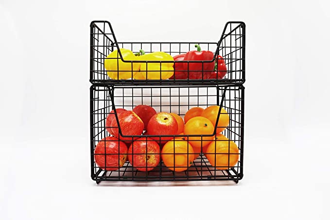 SUN·SHING-2 Tier Japanese Zakka Stackable Storage Wire Basket (Black), Fruit Basket, Laundry Basket, Kitcken Basket, Bathroom Organizer, Office Organizer.