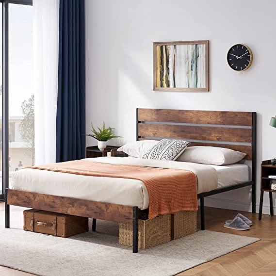 VECELO Platform Queen Bed Frame with Rustic Vintage Wood Headboard and Footboard, Mattress Foundation, Strong Metal Slats Support, No Box Spring Needed