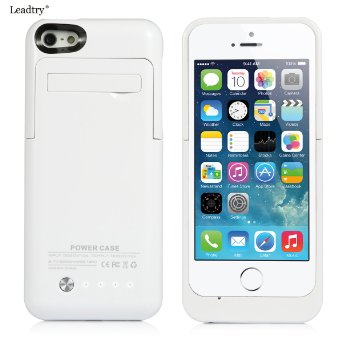 Leadtry® 2200mah Universal Slim Case Battery Rechargeable Portable Outdoor Moving Battery Slim Light External Battery Backup Case Charger Battery Case Cover for Iphone 5 5s 5c with 4 LED Lights and Built-in Pop-out Kickstand Holder Support IOS 6 IOS 7 IOS 8 Short Circuit Protection (white)