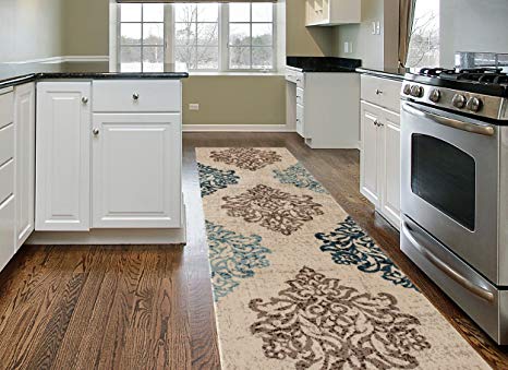 Transitional Damask Soft Blue 2' x 7'2" Area Rug Runner