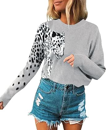 Angashion Women's Sweaters Casual Floral Printed Patchwork Long Sleeves Knitted Pullover Cropped Sweater Tops