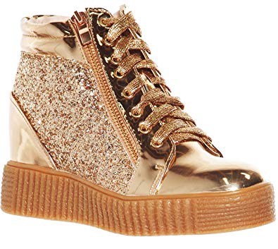 shoewhatever Women's Metallic Glitter High Top Lace Up Wedge Heels Fashion Sneakers