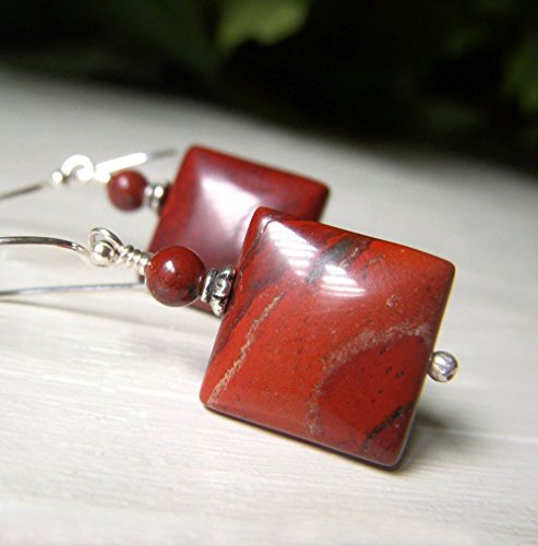Red Jasper Earrings - Sterling Silver Drop - Square Shape Genuine Gemstone - Natural Stone Jewelry