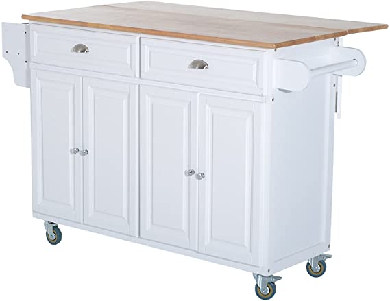 HOMCOM Wood Top Drop-Leaf Rolling Kitchen Island Table Cart on Wheels, White