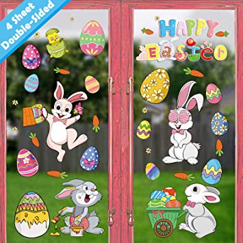 Ivenf Easter Decorations Window Clings Decals Decor, Kids School Home Office Extra Large Easter Eggs Bunny Carrot Flowers Accessories Party Supplies Gifts, 4 Sheet 55 pcs