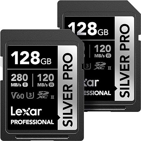 Lexar Professional 128GB (2-Pack) Silver PRO SDXC UHS-II Memory Card, C10, U3, V60, Full-HD & 4K Video, Up to 280MB/s Read, for Professional Photographer, Videographer, Enthusiast (LSDSIPR128G-B2NNU)