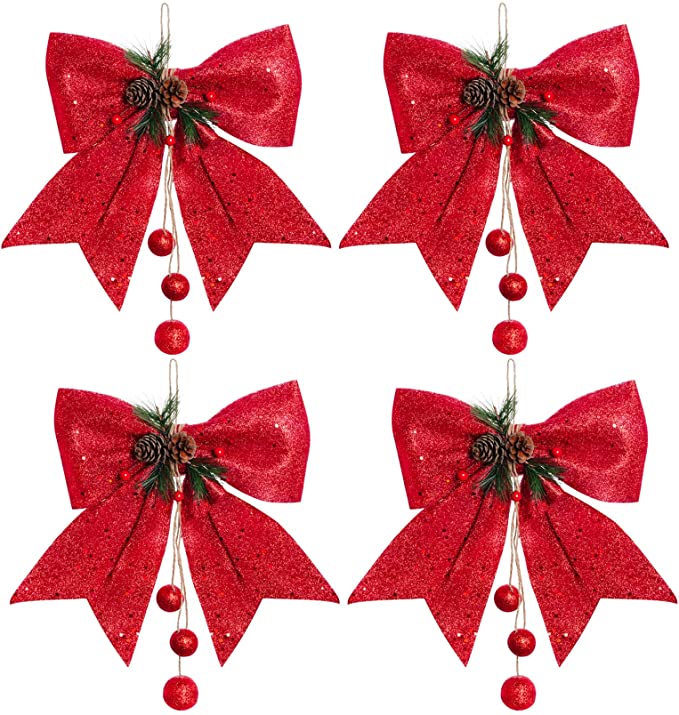 4 Pcs Christmas Bow Big Red Bows Christmas Decorative Bow with Pine Cones Berries Pineleaves Sequin for Home Ornament Wreaths Christmas Tree Topper Porch Party Decoration(9.8 x 11.8inch)