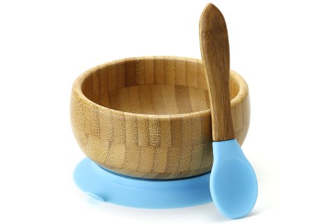 Baby Toddler Bamboo Spill Proof Stay Put Suction Bowl No Plastic  Bonus Soft Tip Spoon Teether NO-BPA Silicone  BONUS E-BOOK Great baby gift set and For Boating Blue