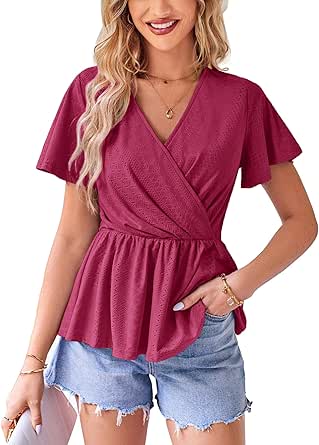 GRACE KARIN 2024 Womens Peplum Tops Wrap V Neck Eyelet Top Ruffle Sleeve Summer Casual T Shirts