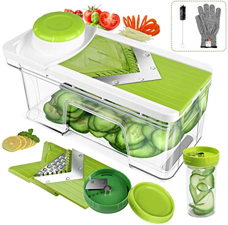 ONSON Adjustable Mandoline Slicer with Spiralizer Vegetable Slicer - V Blades Food Slicer Veggie Slicer Cutter Zoodle Maker - Vegetable Spiralizer with Julienne Grater (Green)