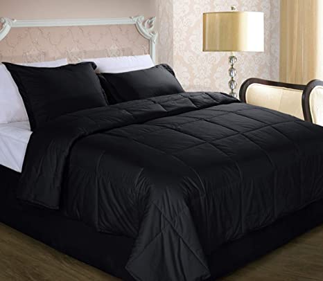 Cottonpure Sustainable Cotton Filled Medium Warmth Breathable Hypoallergenic Comforter, Black, Full/Queen