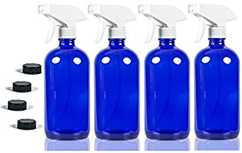 16 oz Glass Spray Bottles - NatureO Empty COBALT BLUE Spray Bottles with Trigger Sprayer and Cap - Sprays Stream or Mist - 4 pack