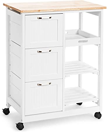 Giantex Kitchen Island Cart, Home Bar Serving Cart, Kitchen Trolley with 3 Large Drawers, Storage Shelf and 3 Tier Shelves, Rolling Storage Cabinet, Mobile Kitchen Cart (White)