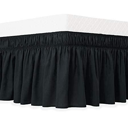 Guken Wrap Around Bed Skirt, Elastic Soft Bed Ruffle, Easy On and Easy Off, Wrinkle and Fade Resistant Solid Color Hotel Quality Fabric with 15 Inch Drop(Black,Twin)