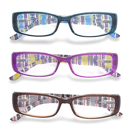 Inner Vision Women's 3-Pack Printed Stripe Reading Glasses Set w/ Spring Hinges - (1.75 x Magnification) - Purple, Blue, & Brown