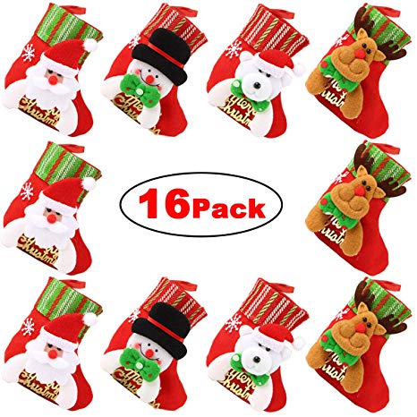 Dreampark Mini Christmas Stocking, (16 Pack) Xmas Stocking Christmas Tree Ornaments Decorations 6" - Santa Snowman Reindeer Bear Character